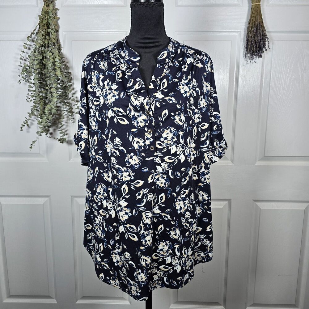 PerSeption Women Navy Blue Tunic Floral Blouse 2X
